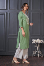 Thumbnail for BulBul Hazel Green Embroidered Cotton Kurta Set