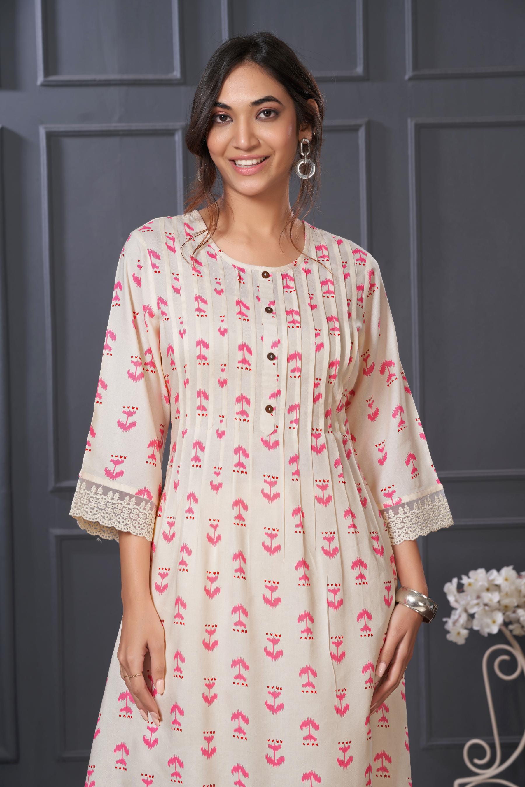 BulBul Lily Pink Abstract Printed Rayon Kurta Set