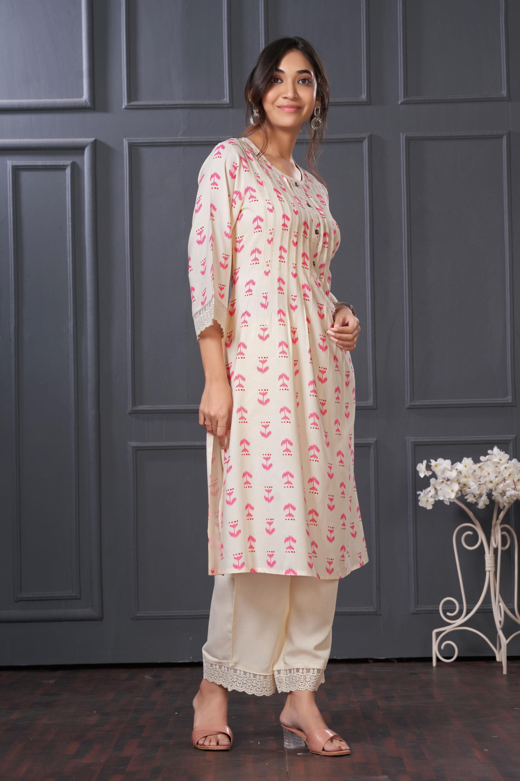 BulBul Lily Pink Abstract Printed Rayon Kurta Set