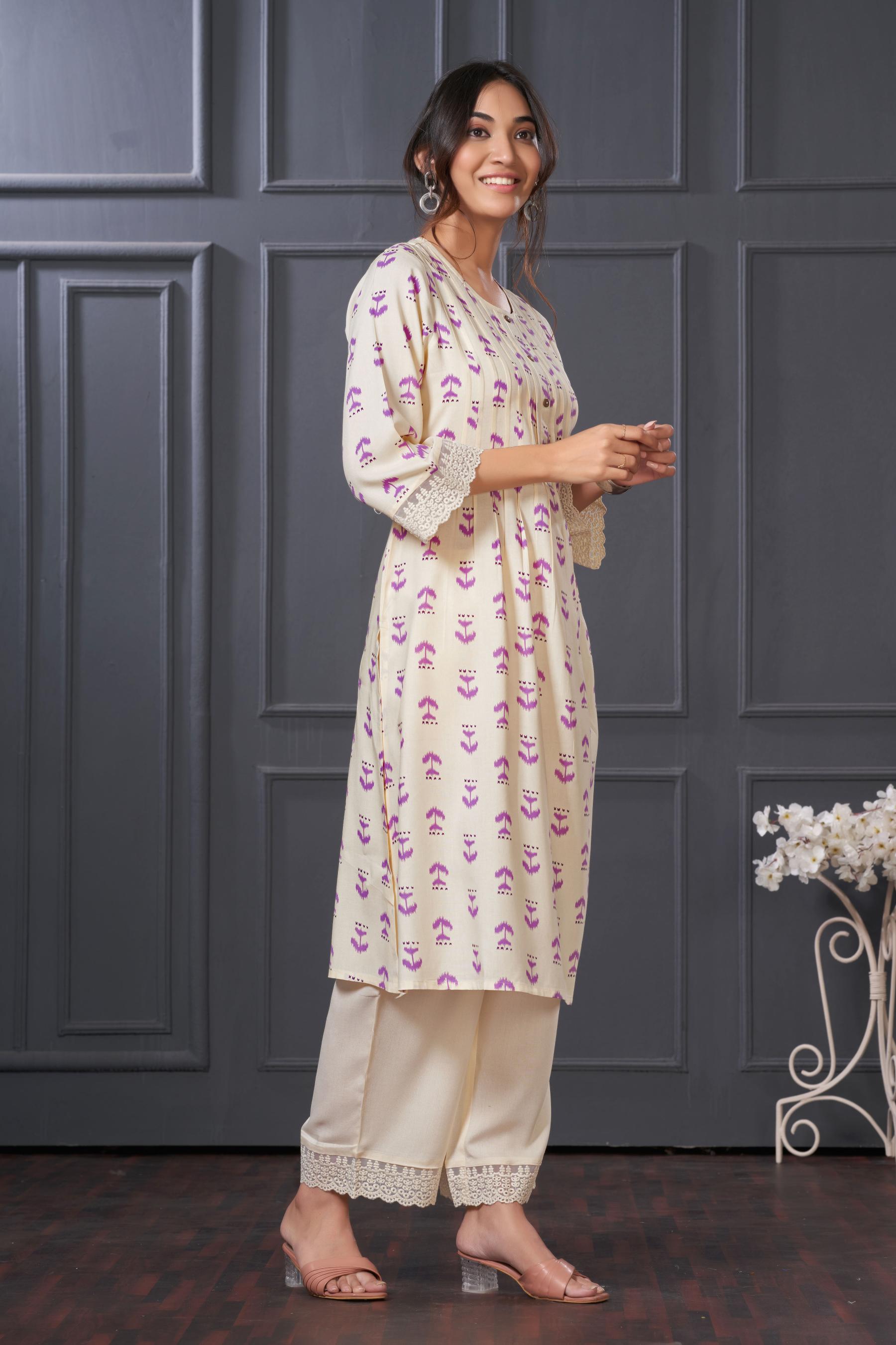 BulBul Lily Purple Abstract Printed Rayon Kurta Set