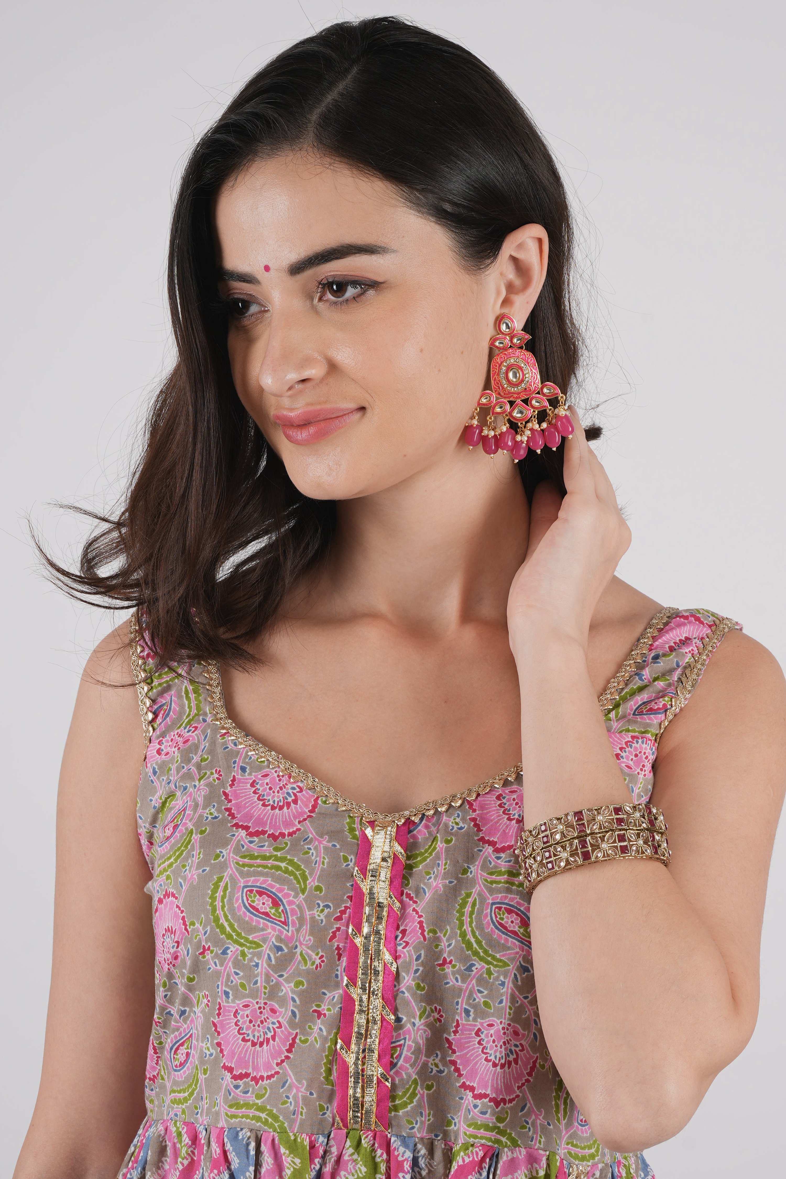 Meenakari Pink Kundan Drop Earrings for Womens by House of Ree - Distacart