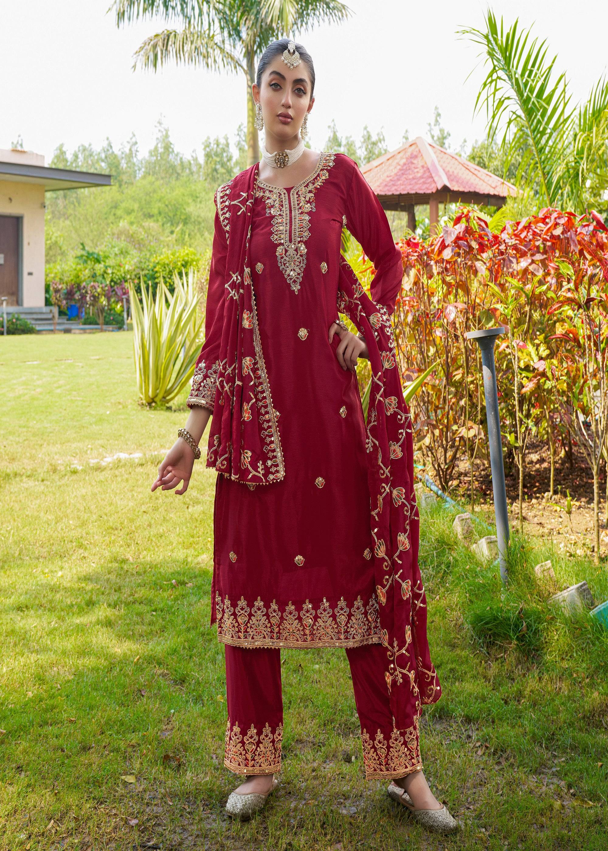Teeya Creation Rani Color Chinon Silk Heavy Embroidery Work Fully Stitched Salwar Suit - Distacart