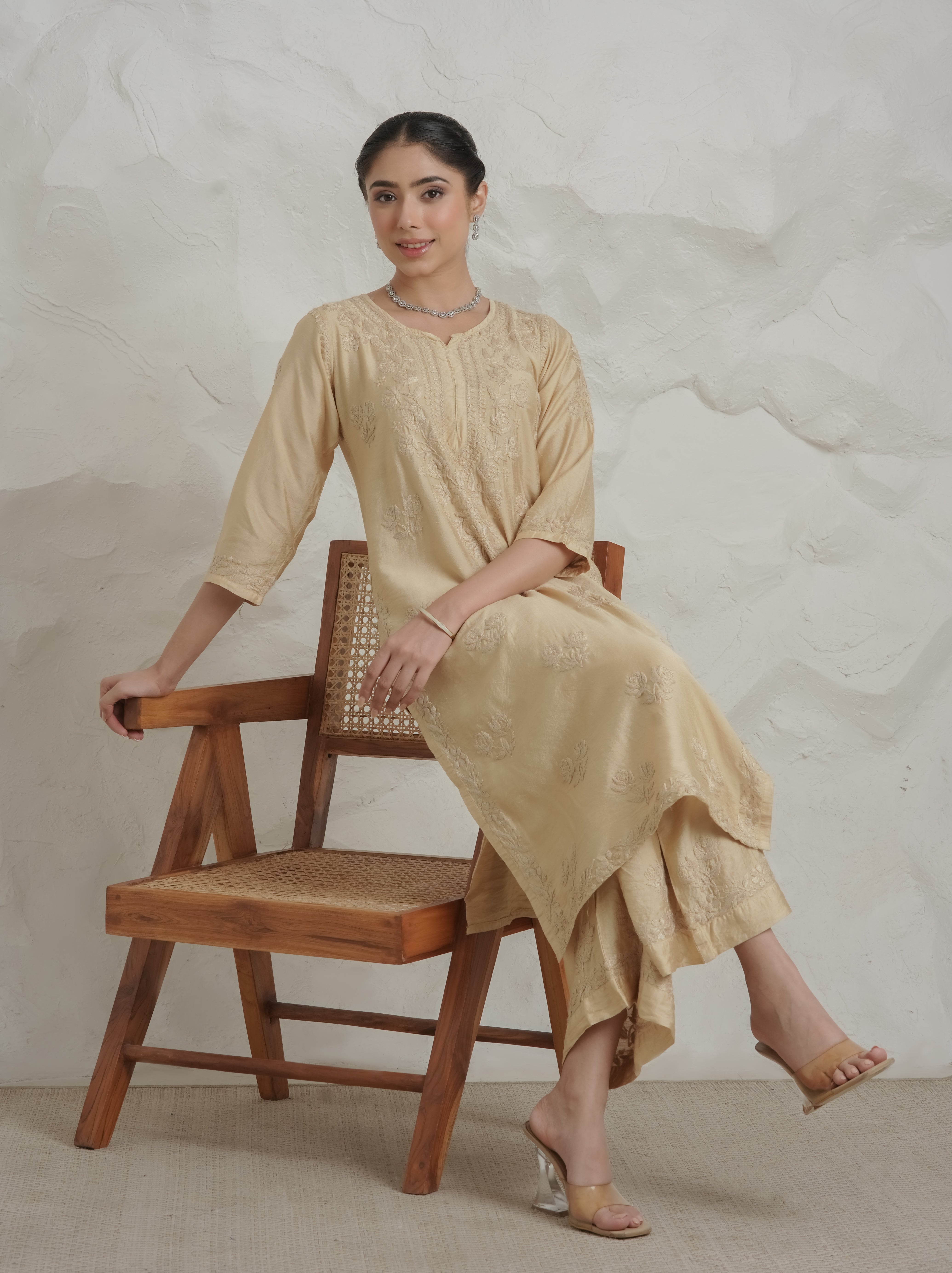 Gharana India Chanderi Beige Kurta Set With Embroidered Palazzo - Dista