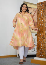 Thumbnail for Kaajh Women's Peach-Orange Check Print Plus Size Cotton Kurta - Distacart