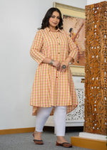 Thumbnail for Kaajh Women's Peach-Orange Check Print Plus Size Cotton Kurta - Distacart