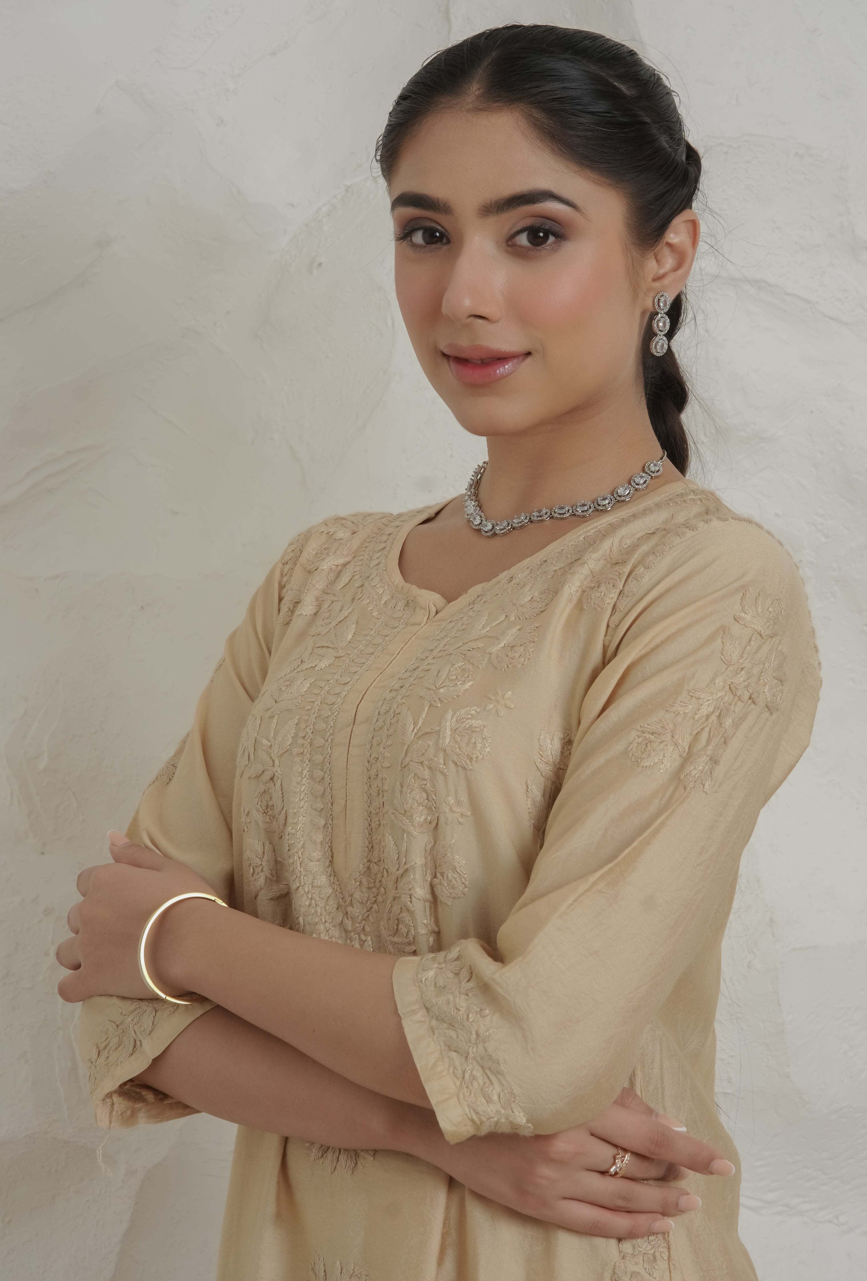 Gharana India Chanderi Beige Kurta Set With Embroidered Palazzo - Dista