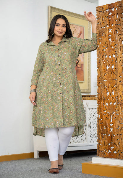 Kaajh Women's Green Floral Printed Plus Size Cotton Kurta - Distacart