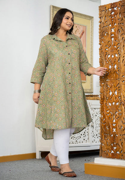 Kaajh Women's Green Floral Printed Plus Size Cotton Kurta - Distacart