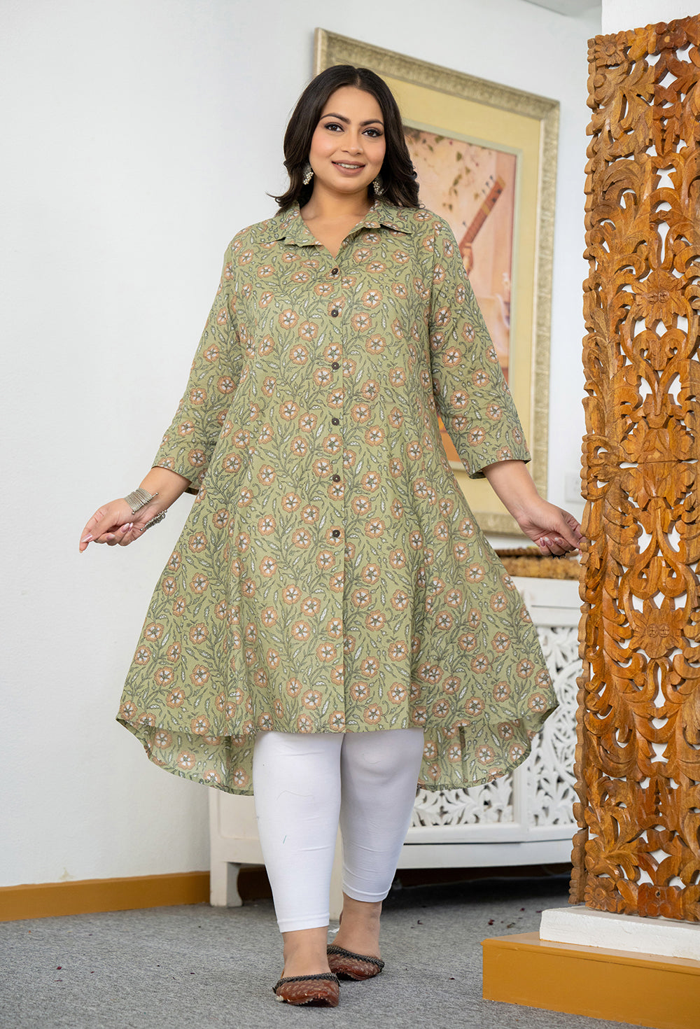 Kaajh Women's Green Floral Printed Plus Size Cotton Kurta - Distacart