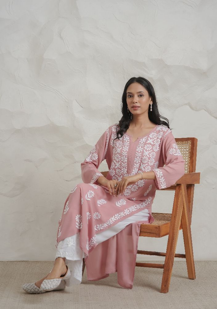 Gharana India Modal Onion Pink Coloured Chikankari Kurta