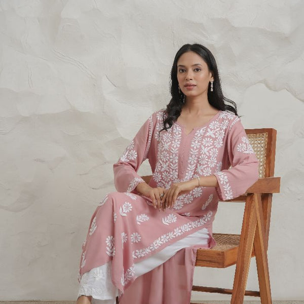Gharana India Modal Onion Pink Coloured Chikankari Kurta
