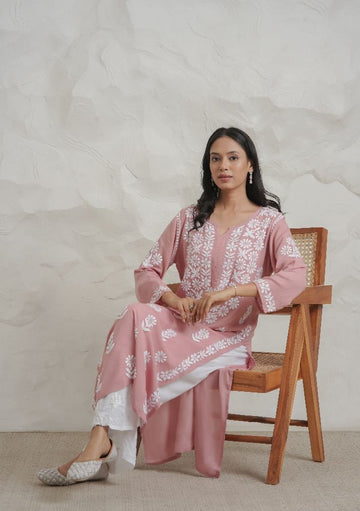 Gharana India Modal Onion Pink Coloured Chikankari Kurta - Distacart