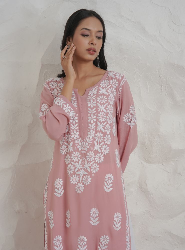 Gharana India Modal Onion Pink Coloured Chikankari Kurta