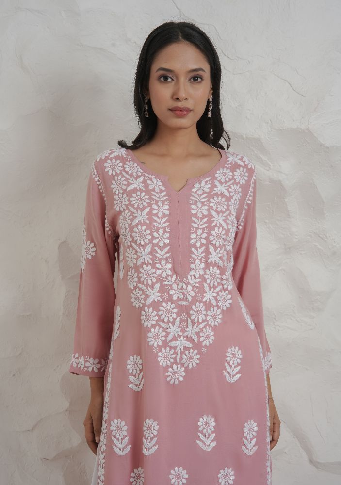 Gharana India Modal Onion Pink Coloured Chikankari Kurta