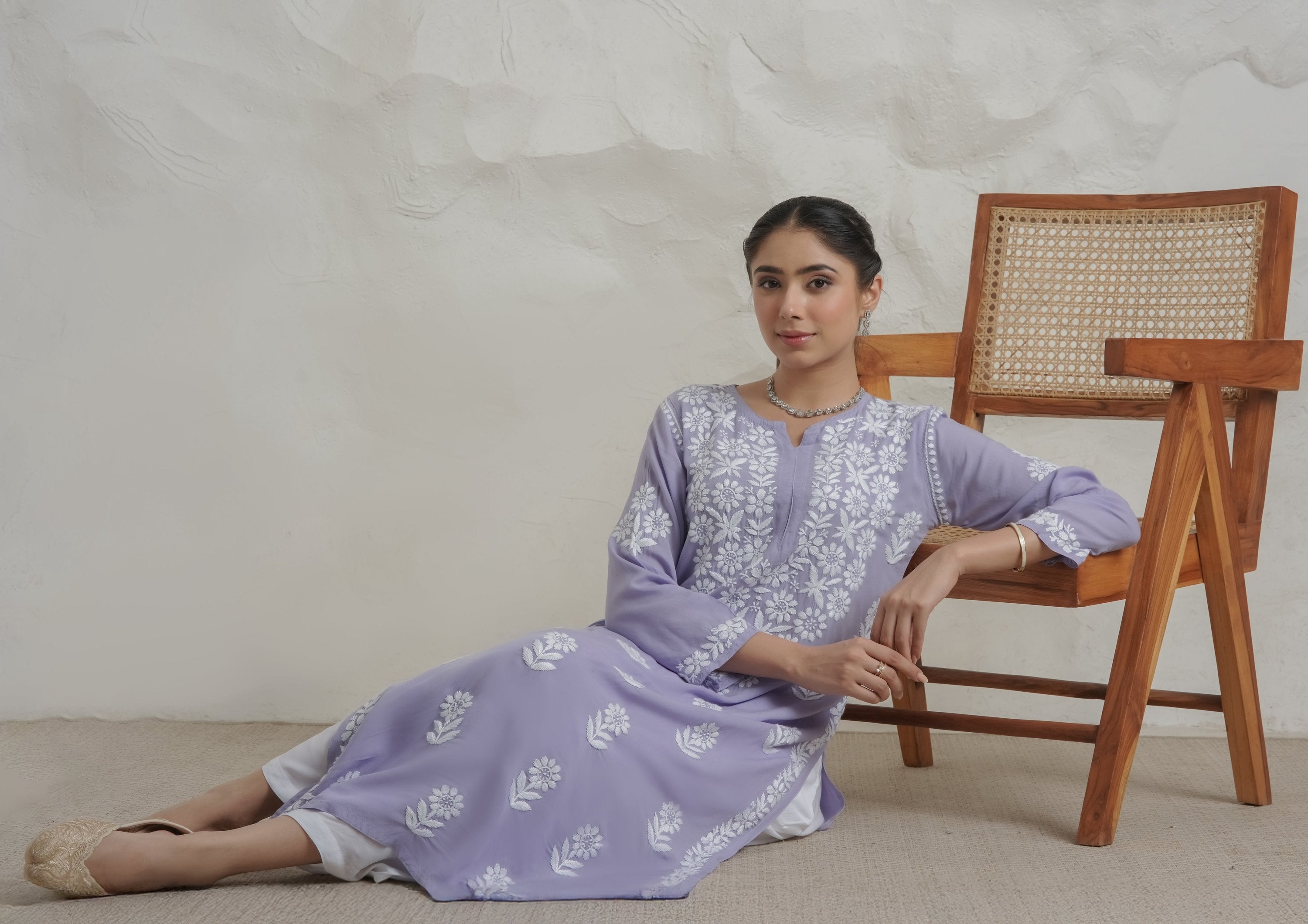 Gharana India Modal Lavender Coloured Chikankari Kurta