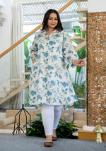 Thumbnail for Kaajh Women's Turquoise Floral Printed Plus Size Cotton Kurta - Distacart