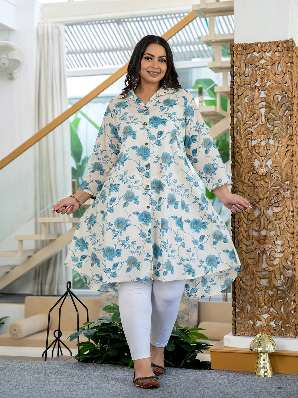 Kaajh Women's Turquoise Floral Printed Plus Size Cotton Kurta - Distacart