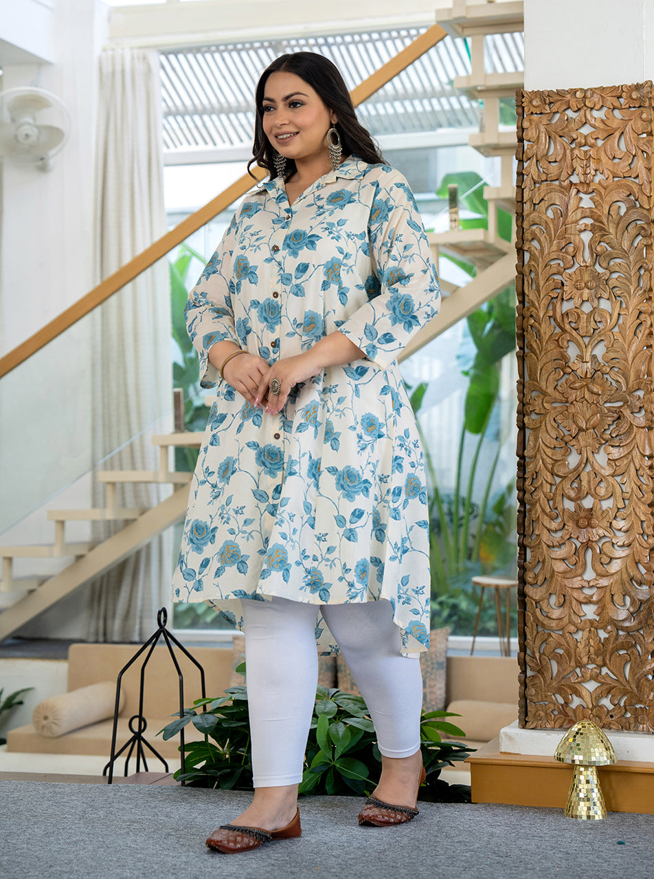 Kaajh Women's Turquoise Floral Printed Plus Size Cotton Kurta - Distacart