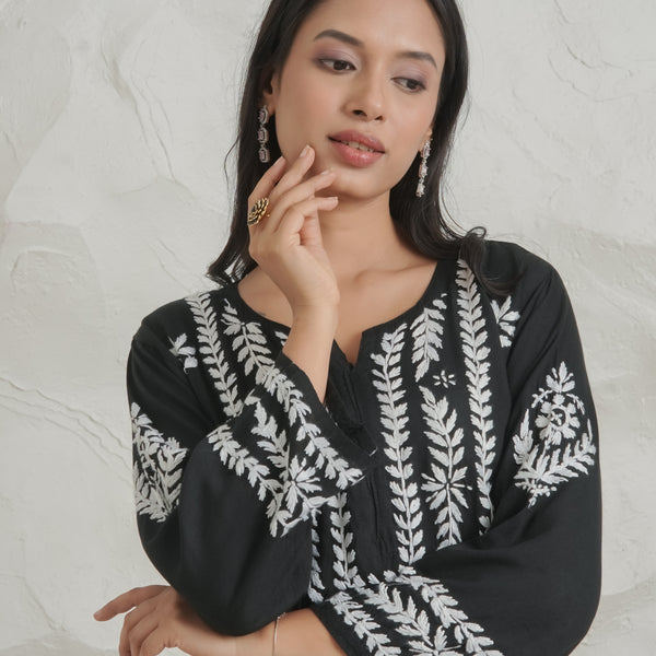 Gharana India Modal Fine Cotton Chikan Kari Kurta – Black