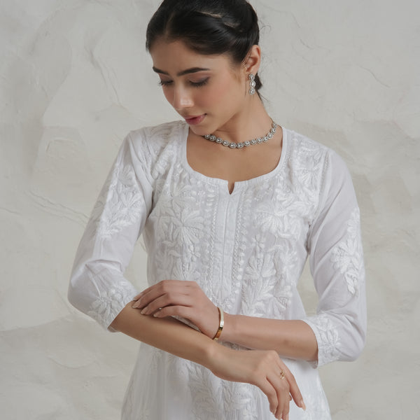 Gharana India Mul Cotton Fine Chikankari Kurta White