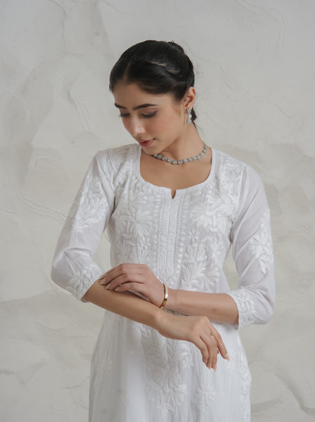 Gharana India Mul Cotton Fine Chikankari Kurta White