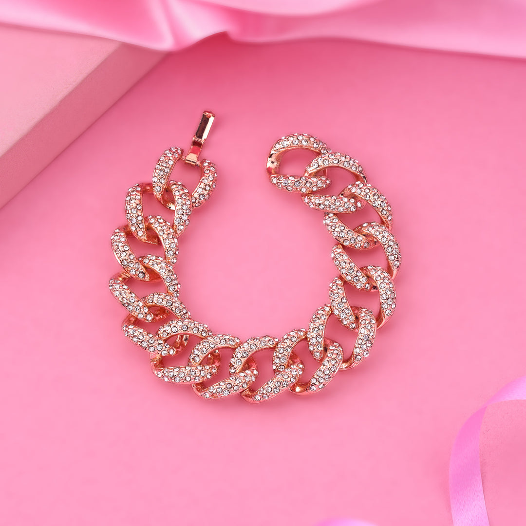 Estele Rose Gold-Polished Exquisite Cuban Bracelet with Stunning White Crystals for Women - Distacart