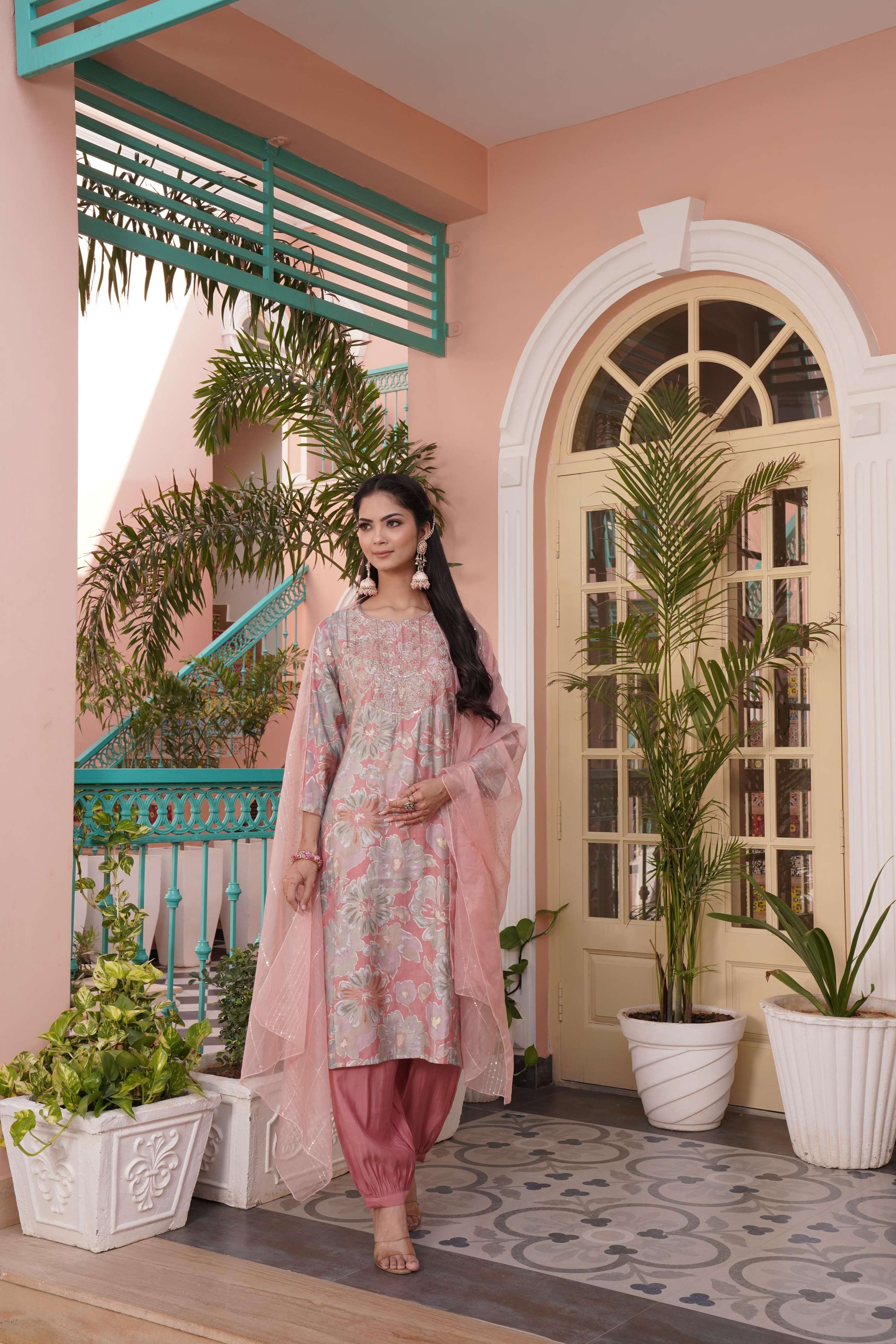 BulBul Diya Coral Chanderi Kurta Set With Dupatta