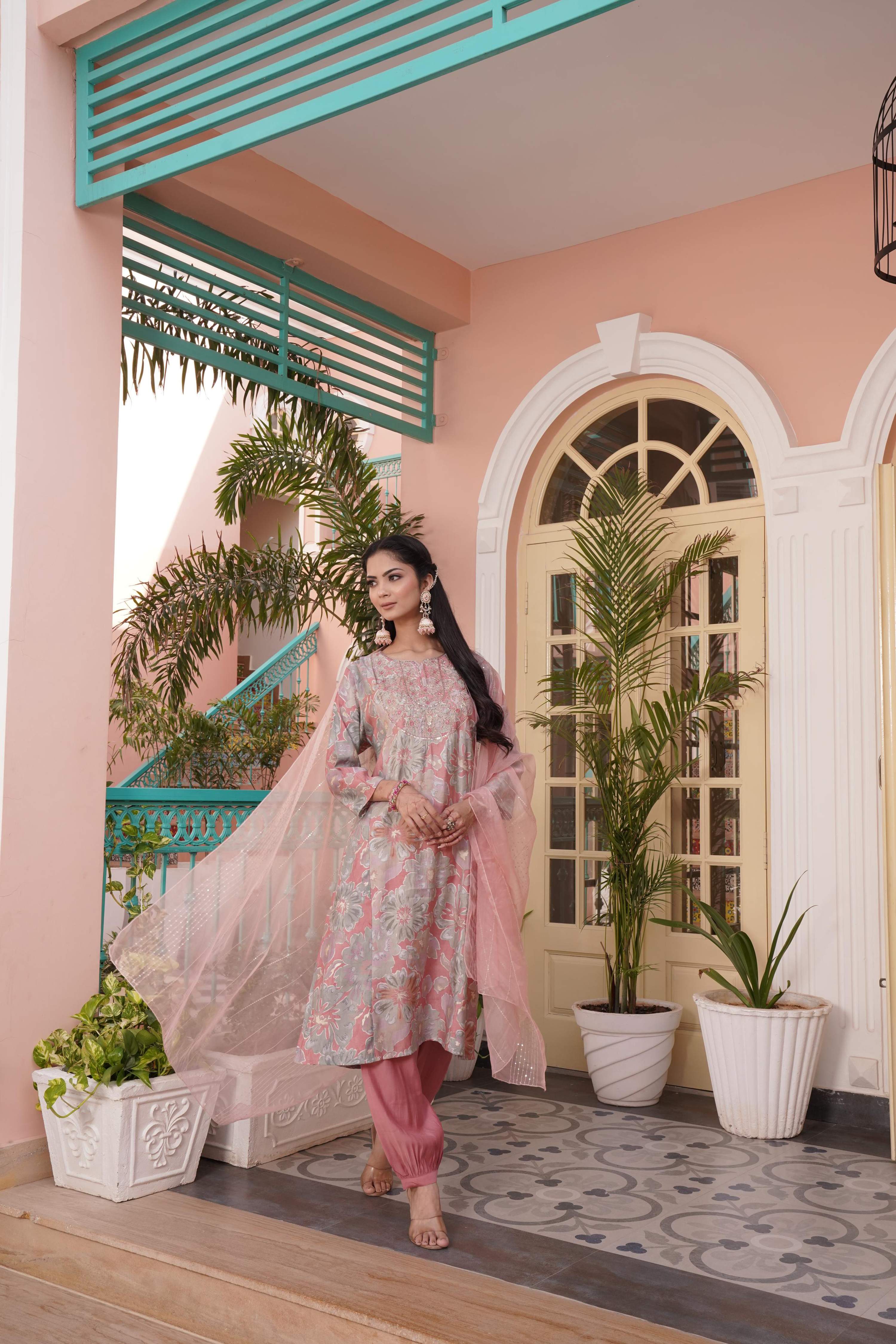 BulBul Diya Coral Chanderi Kurta Set With Dupatta