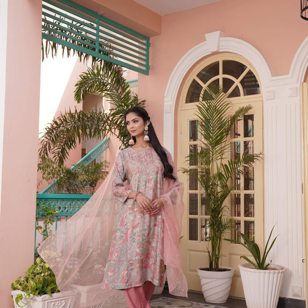 BulBul Diya Coral Chanderi Kurta Set With Dupatta