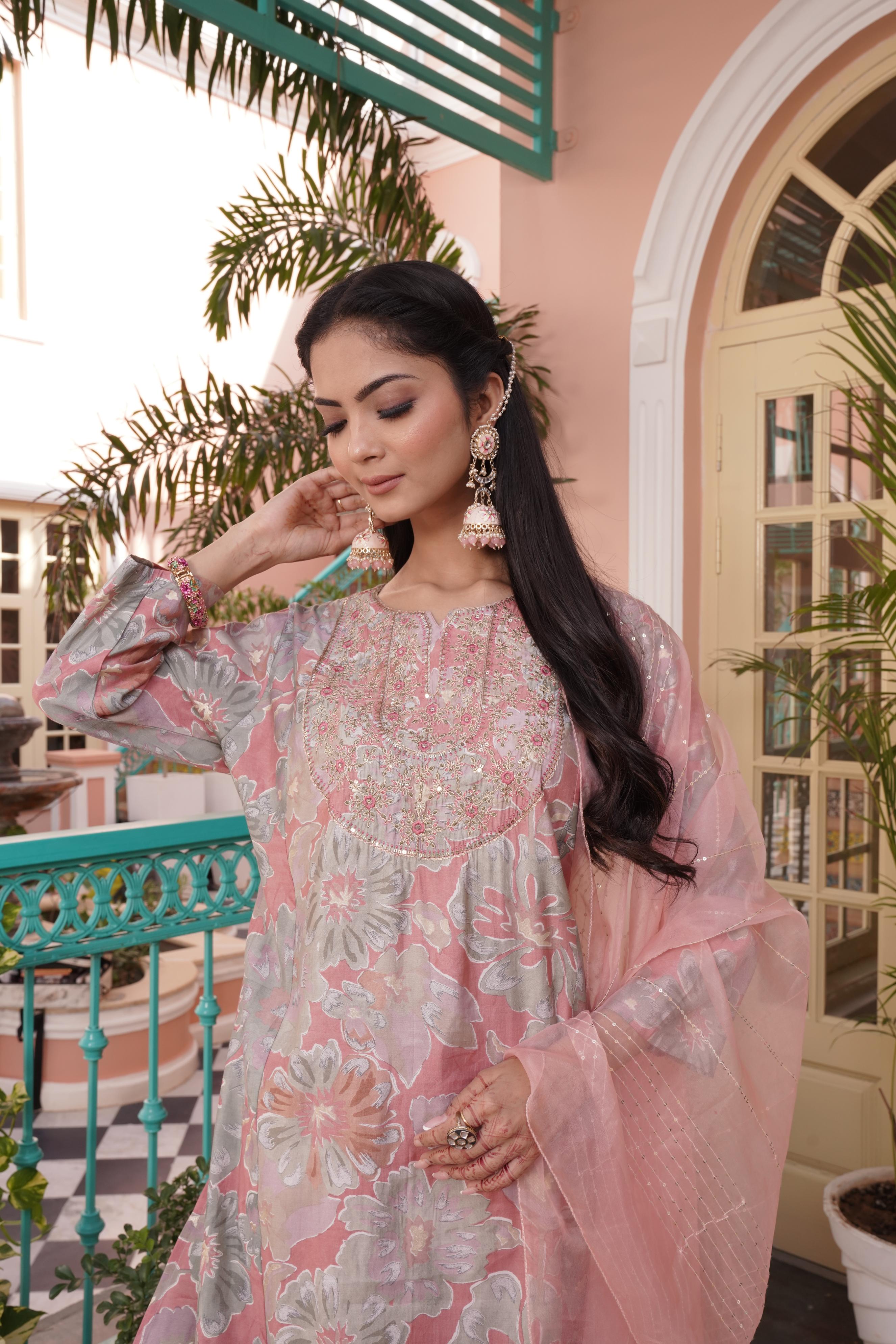 BulBul Diya Coral Chanderi Kurta Set With Dupatta