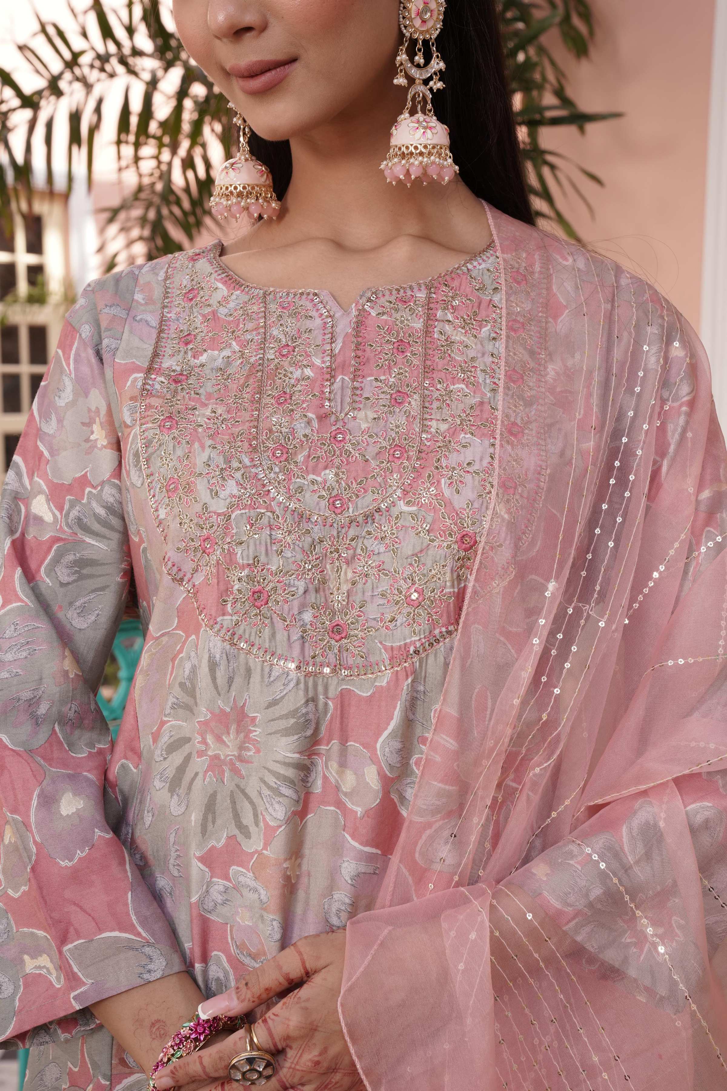BulBul Diya Coral Chanderi Kurta Set With Dupatta