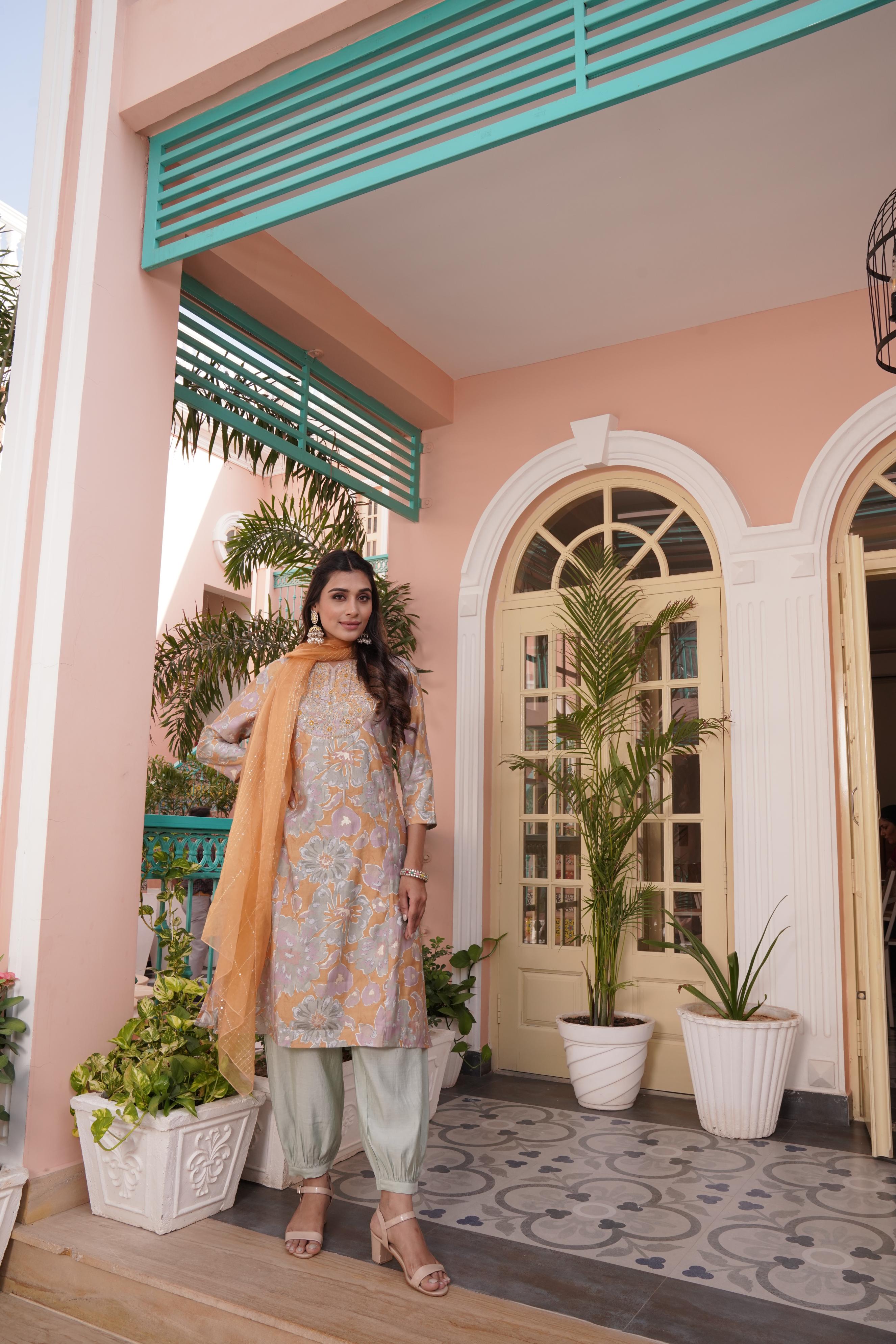 BulBul Diya Mustard Chanderi Kurta Set With Dupatta