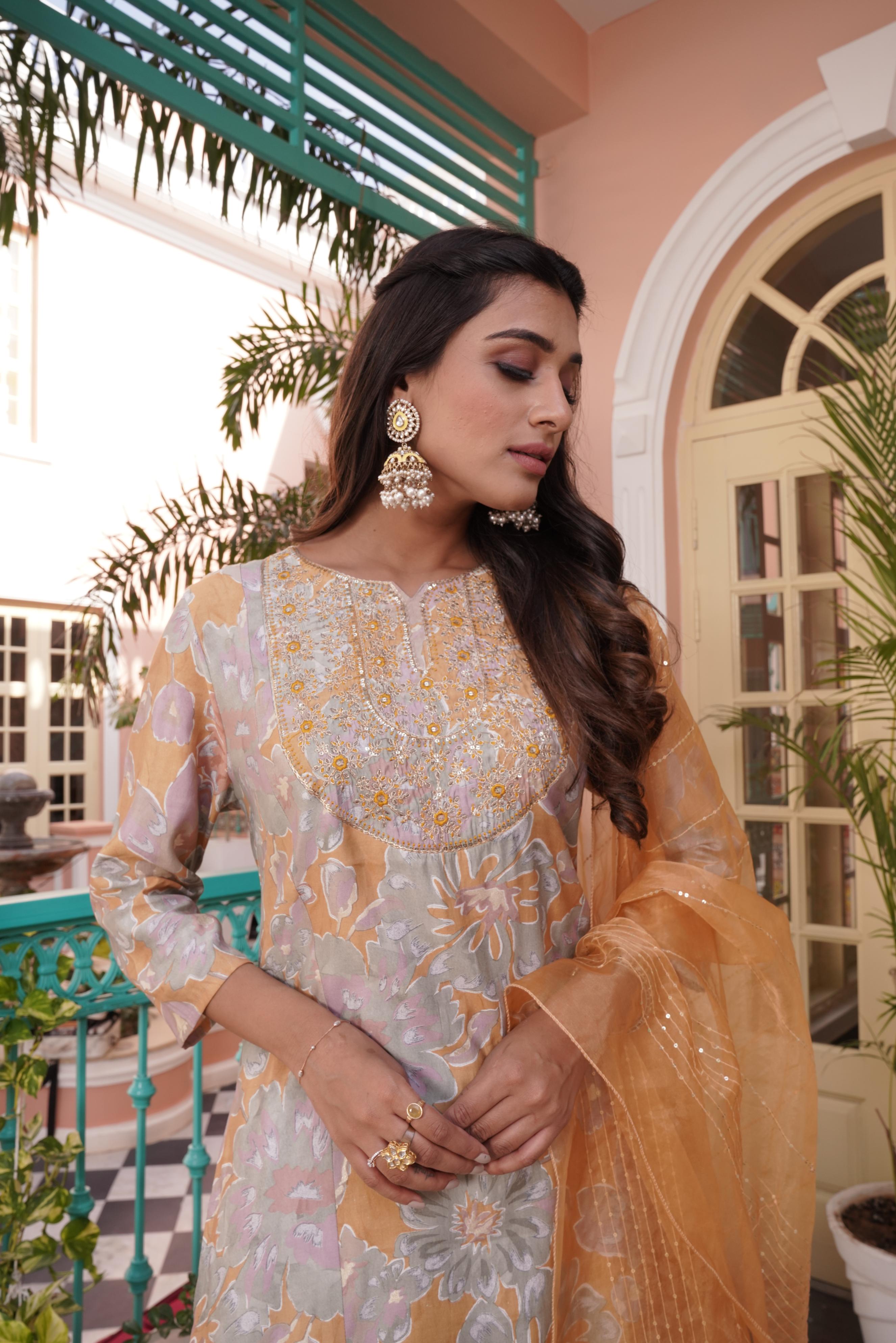 BulBul Diya Mustard Chanderi Kurta Set With Dupatta