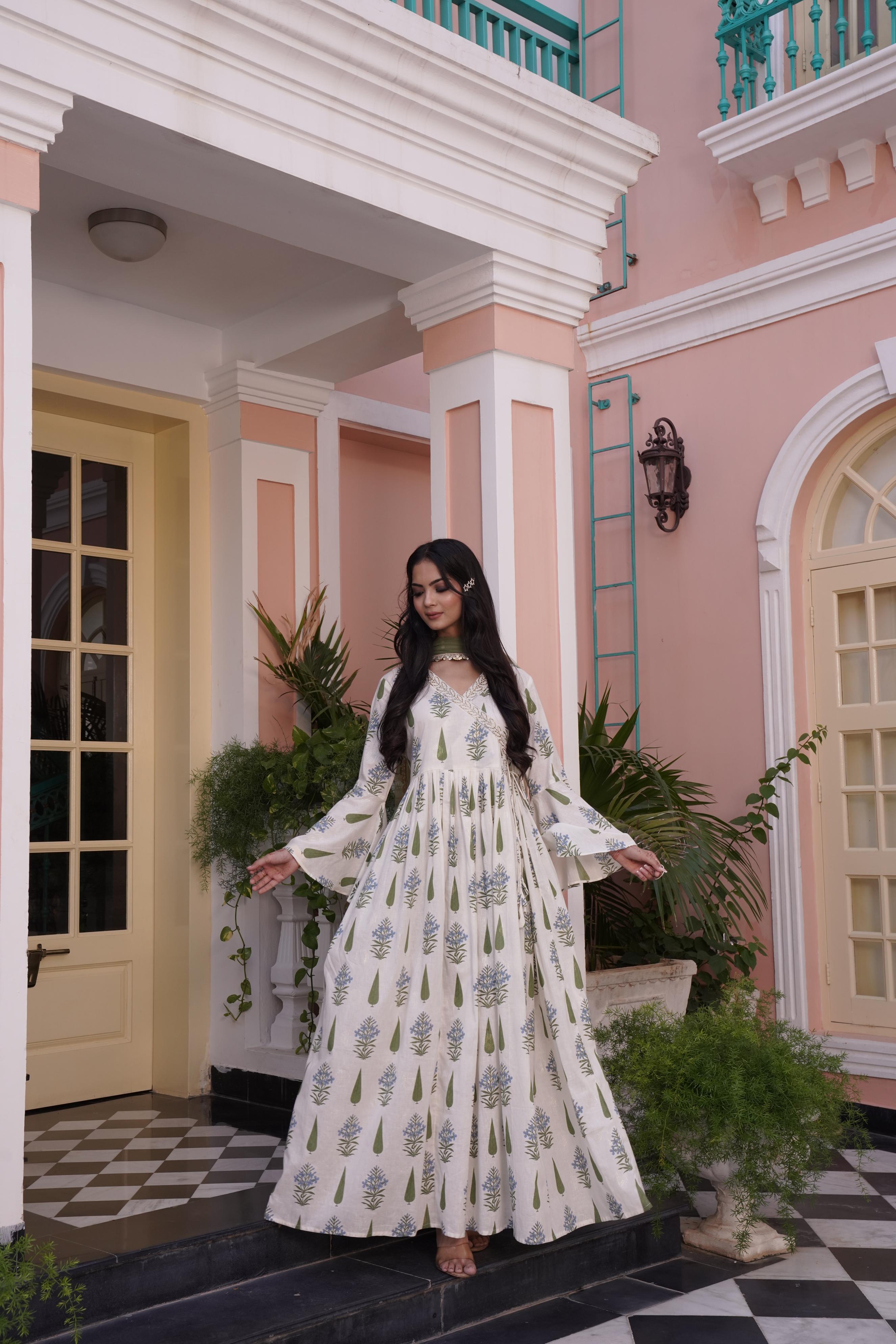 BulBul Angrakha Off-White Cotton Cambric Anarkali