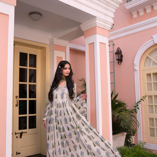 BulBul Angrakha Off-White Cotton Cambric Anarkali