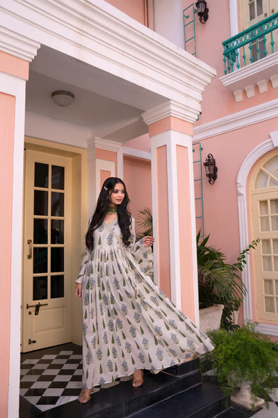 BulBul Angrakha Off-White Cotton Cambric Anarkali