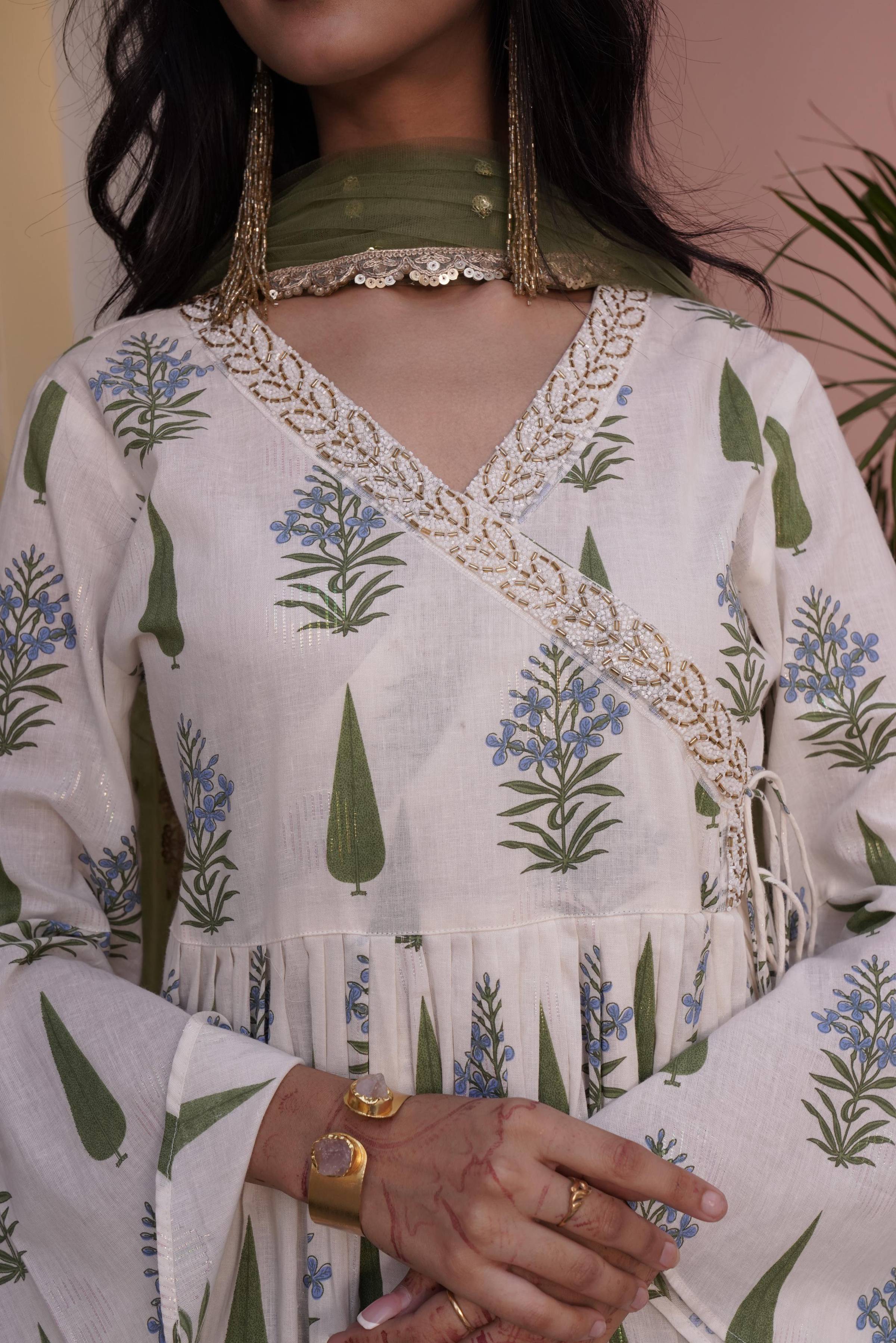 BulBul Angrakha Off-White Cotton Cambric Anarkali