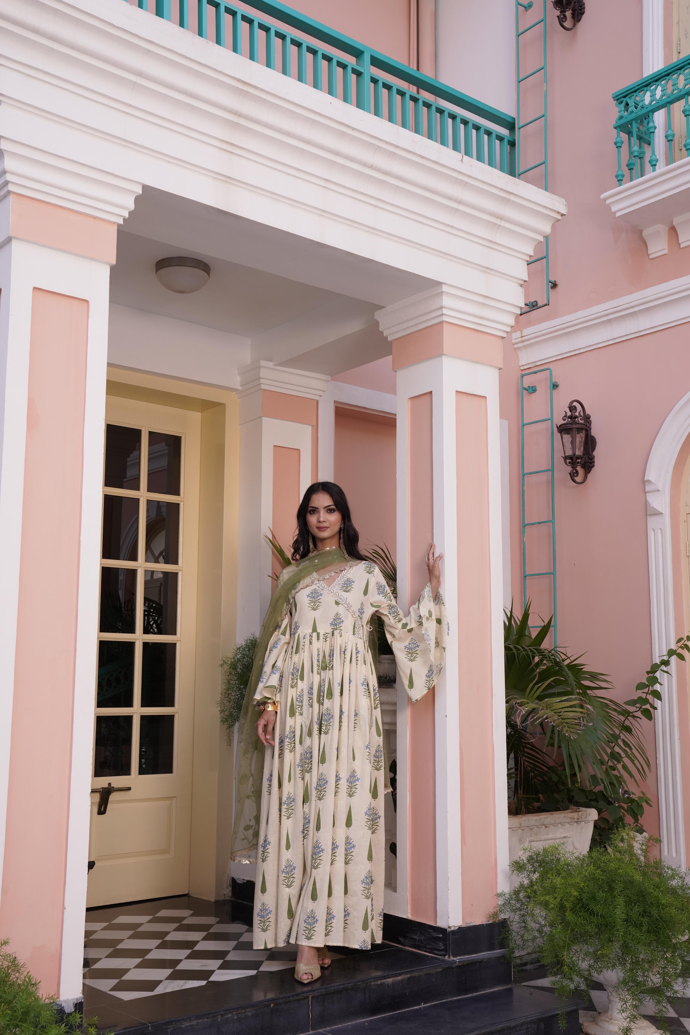BulBul Angrakha Yellow Cotton Cambric Anarkali