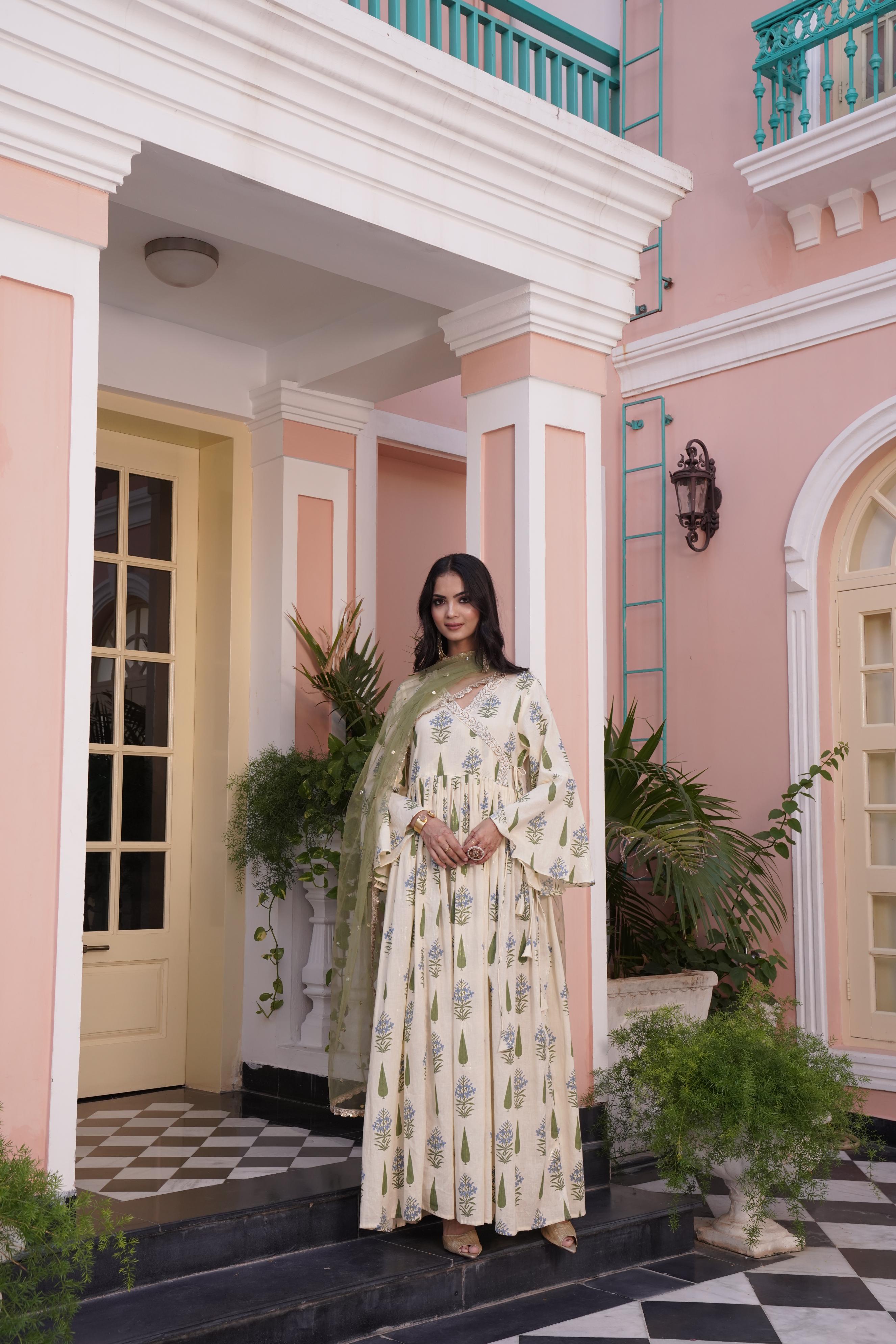 BulBul Angrakha Yellow Cotton Cambric Anarkali