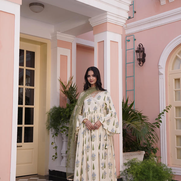 BulBul Angrakha Yellow Cotton Cambric Anarkali