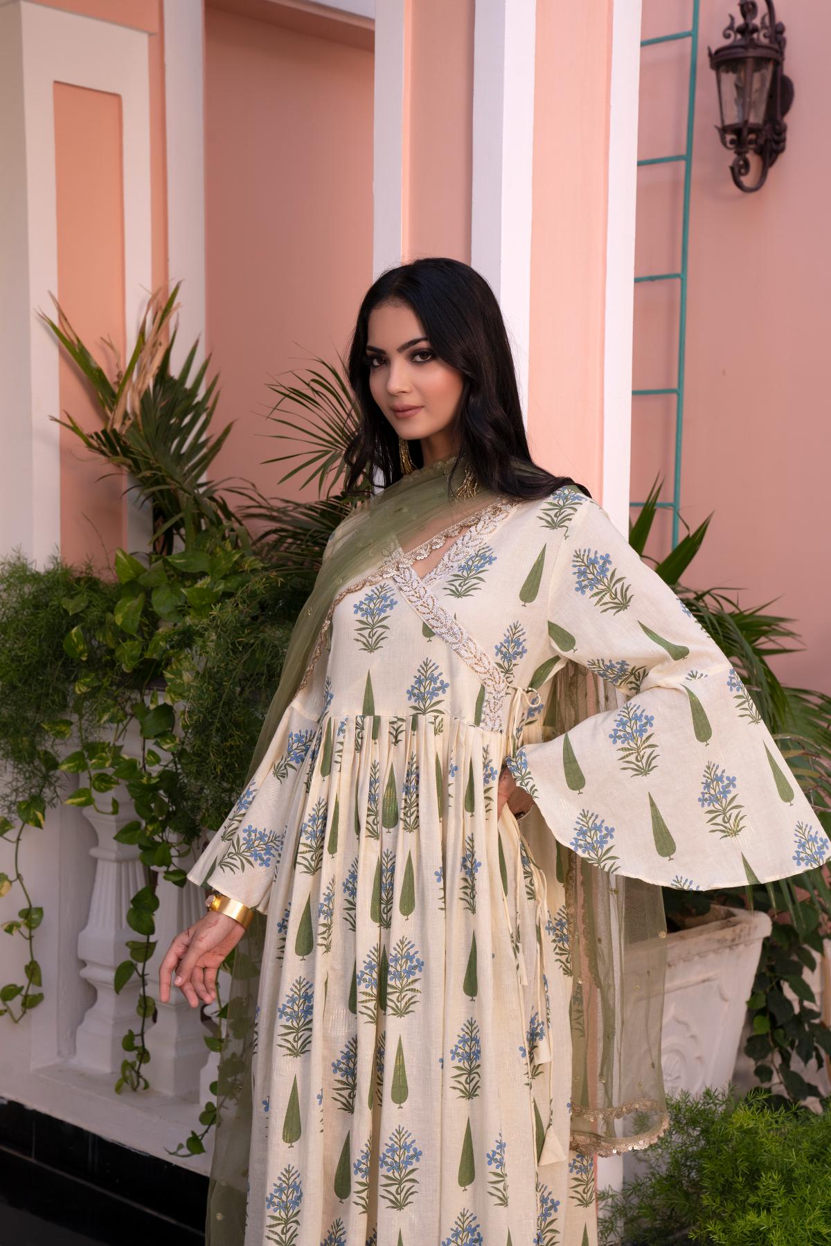 BulBul Angrakha Yellow Cotton Cambric Anarkali