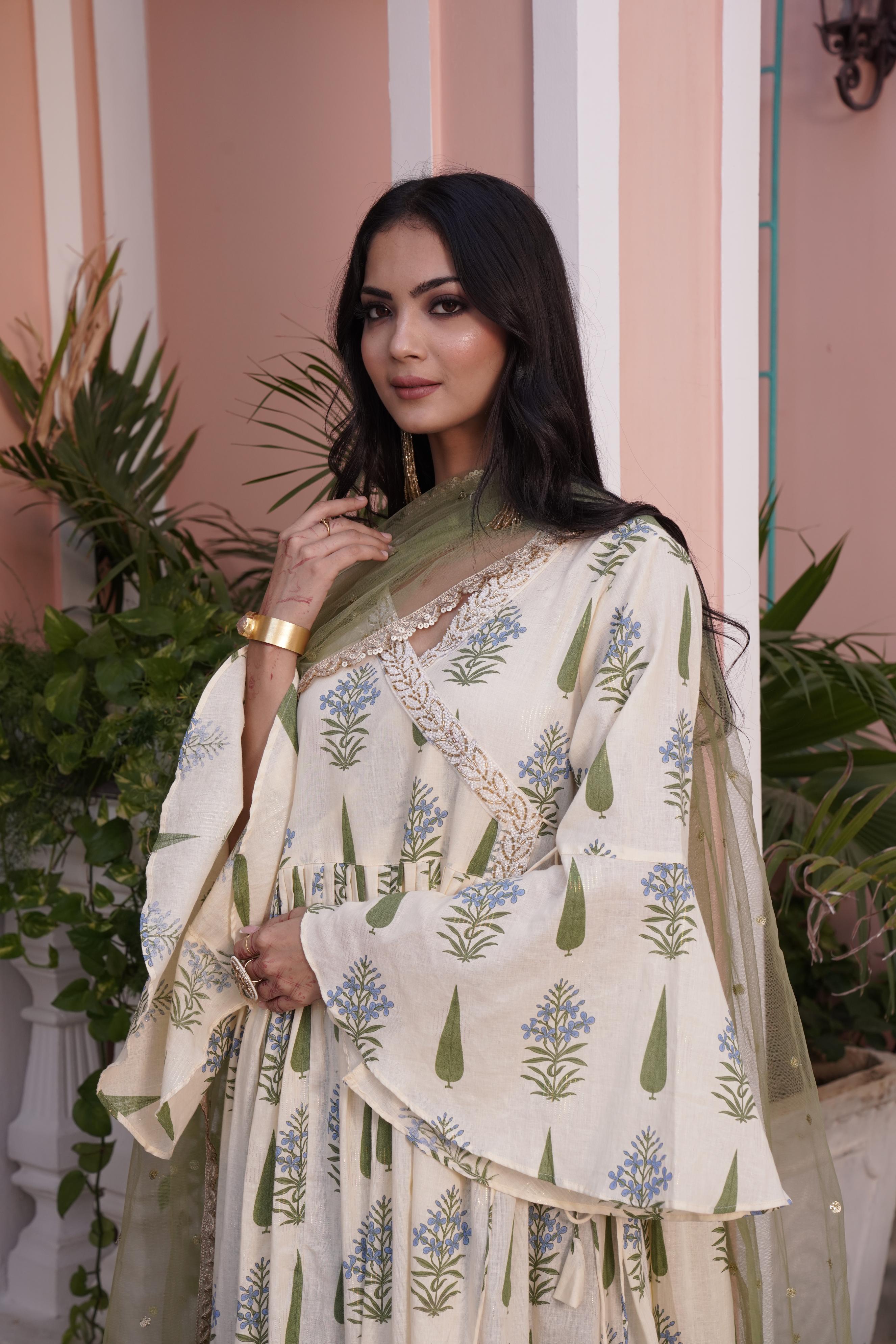 BulBul Angrakha Yellow Cotton Cambric Anarkali