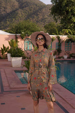 Thumbnail for BulBul Flowery Green Cotton Short Dress