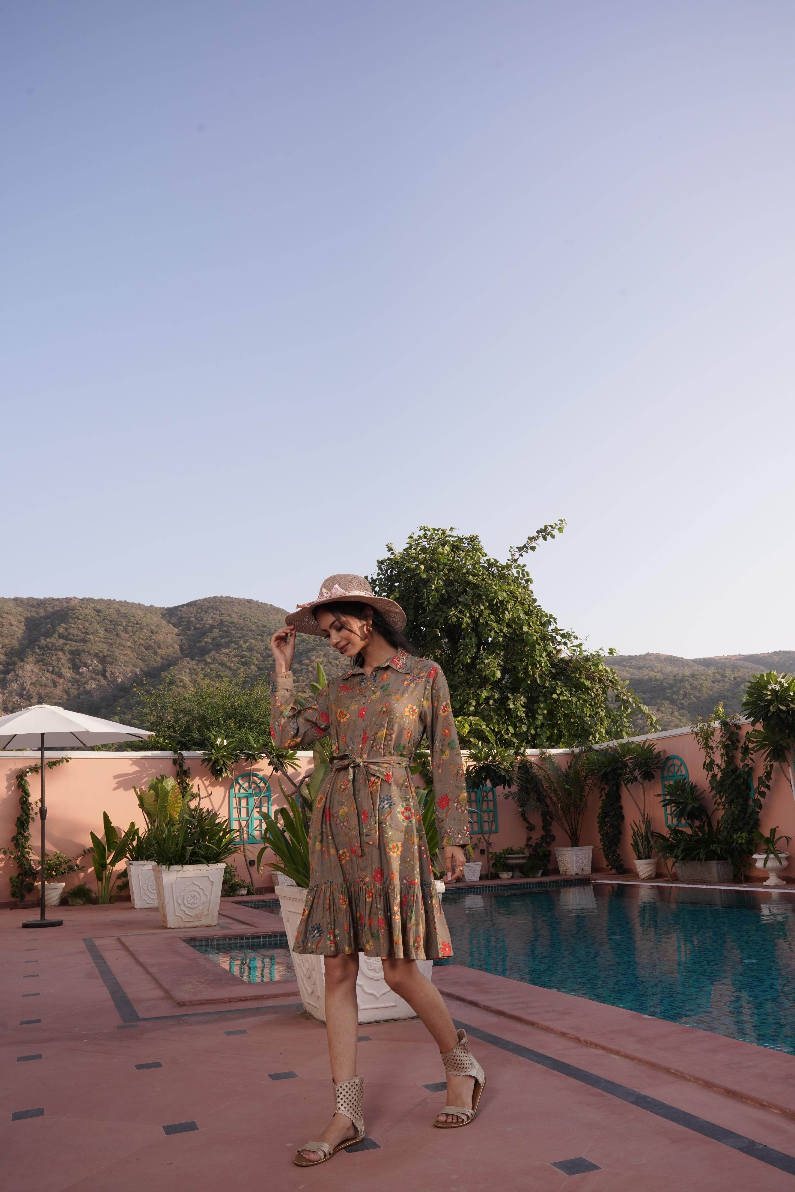 BulBul Flowery Green Cotton Short Dress