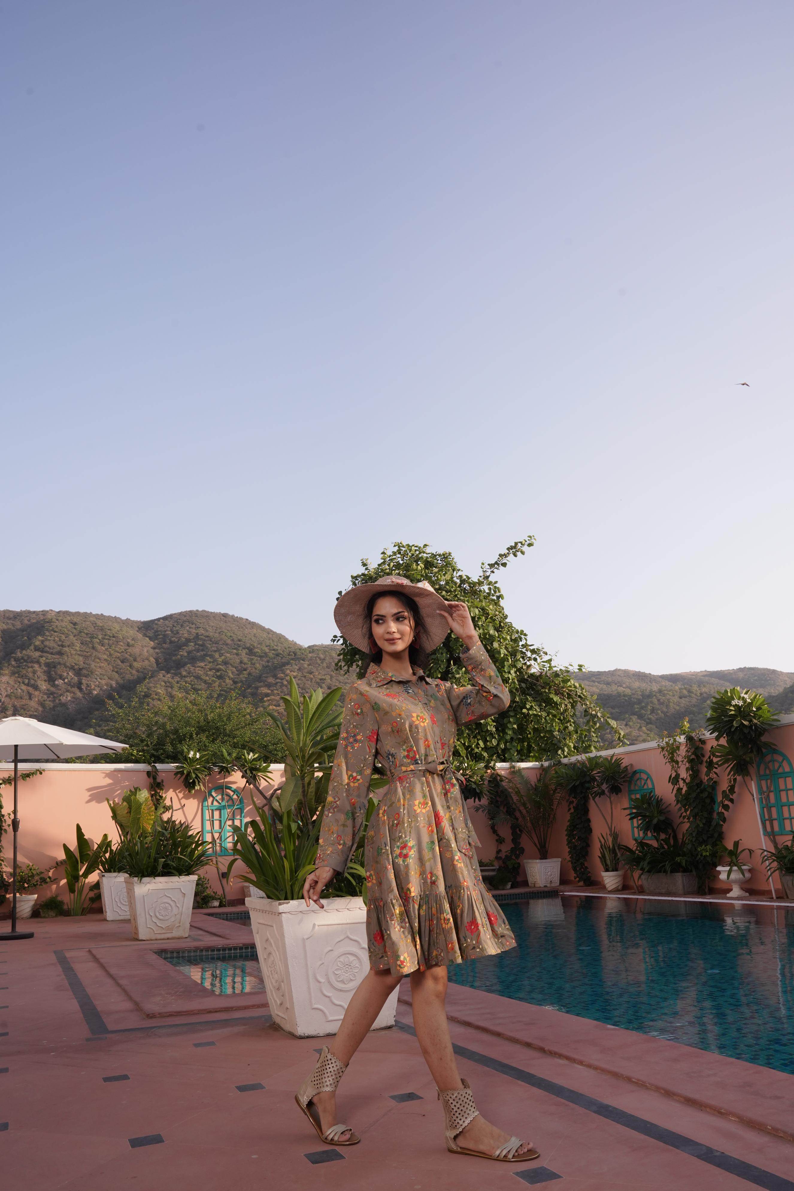 BulBul Flowery Green Cotton Short Dress