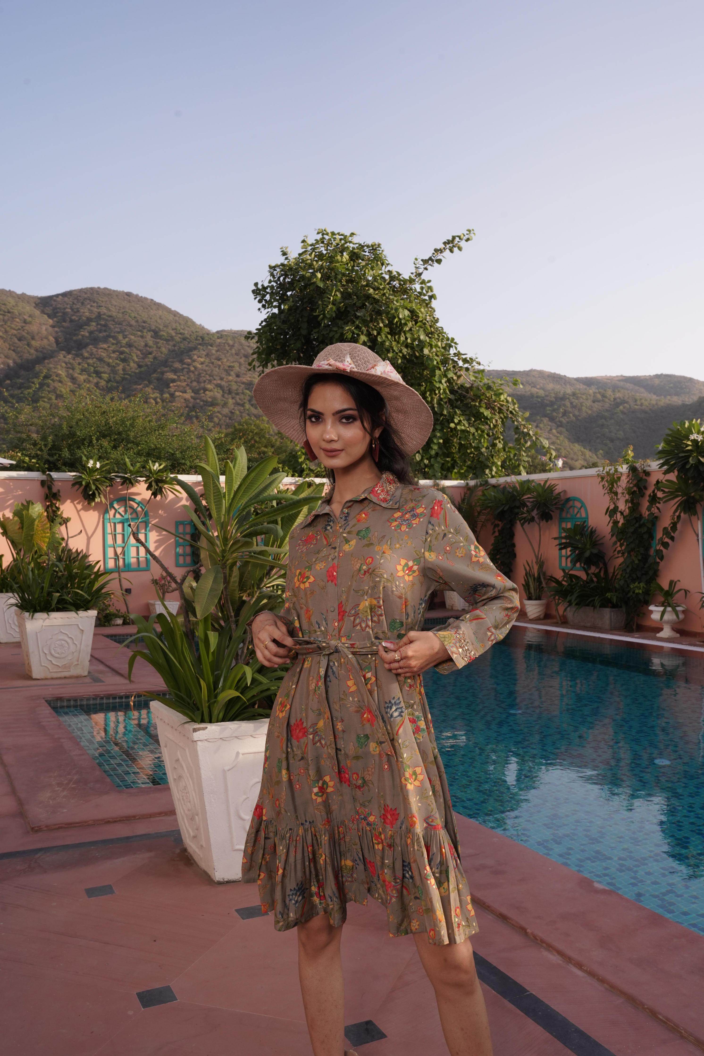 BulBul Flowery Green Cotton Short Dress