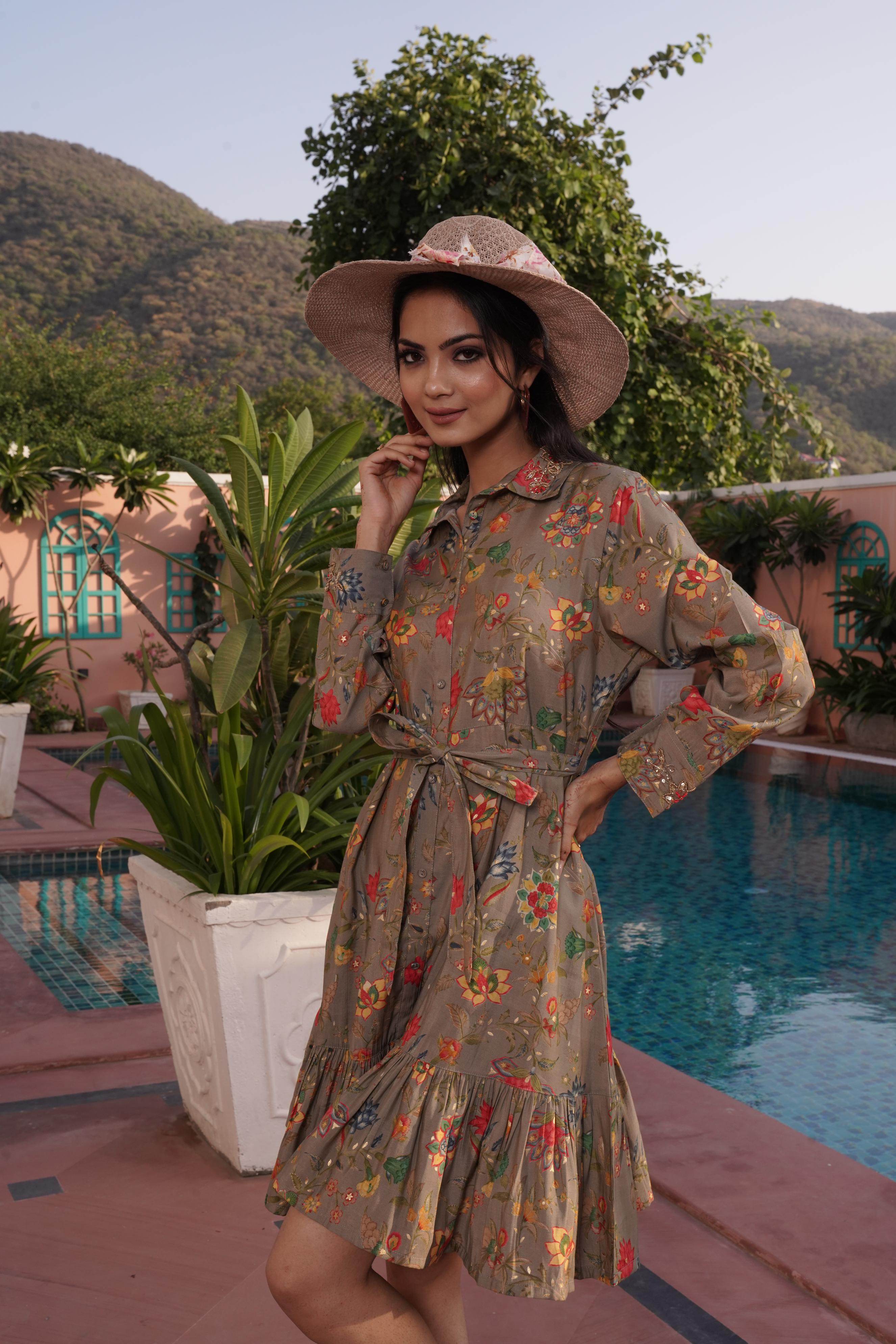 BulBul Flowery Green Cotton Short Dress