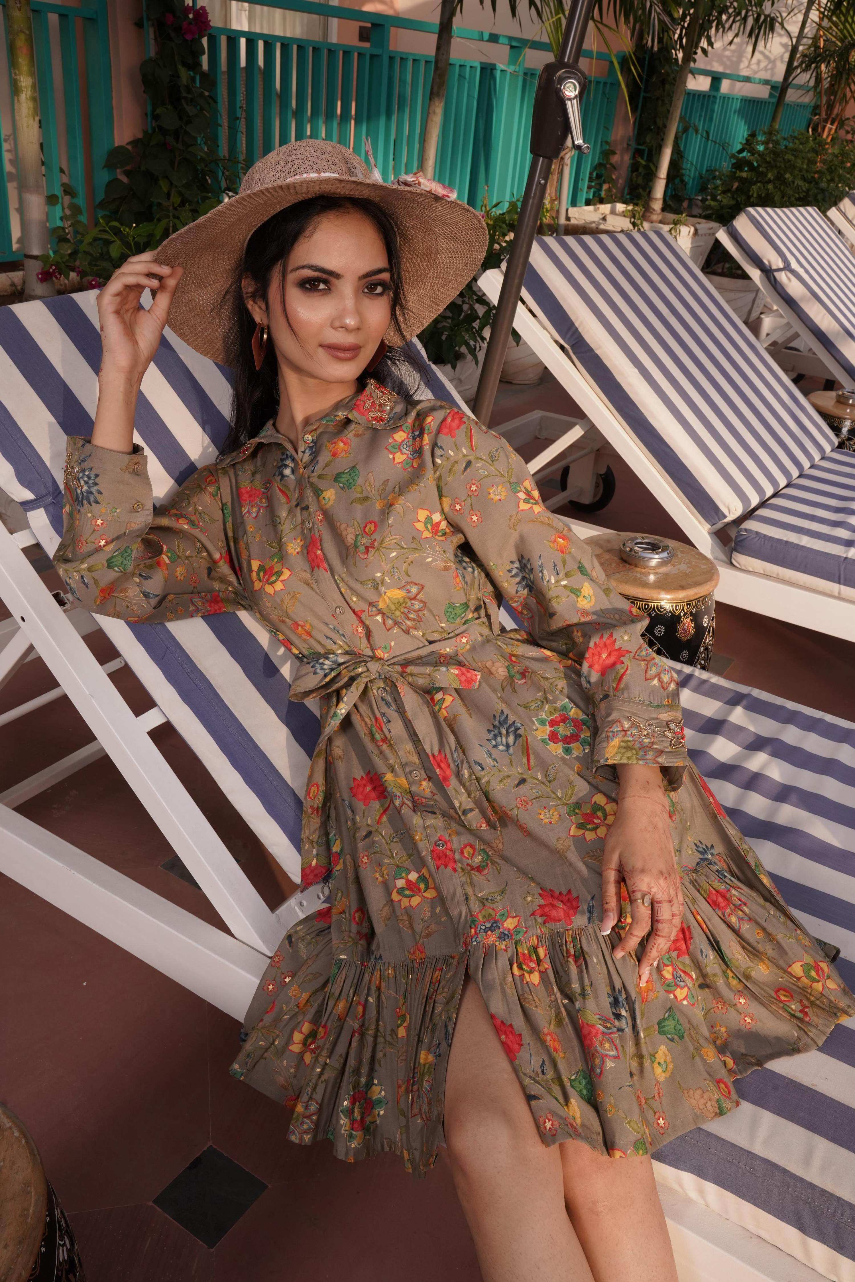 BulBul Flowery Green Cotton Short Dress