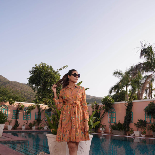 BulBul Flowery Orange Cotton Short Dress