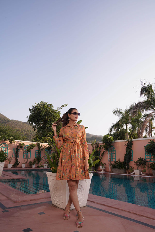BulBul Flowery Orange Cotton Short Dress